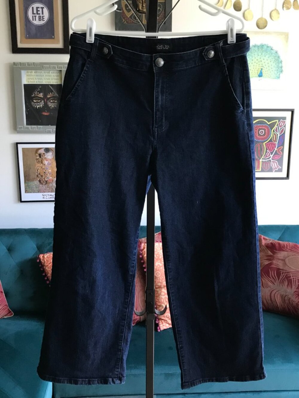 RACHEL ZOE size 12 Dark Wash Stretch Denim High Rise Cropped Wide Leg Jeans